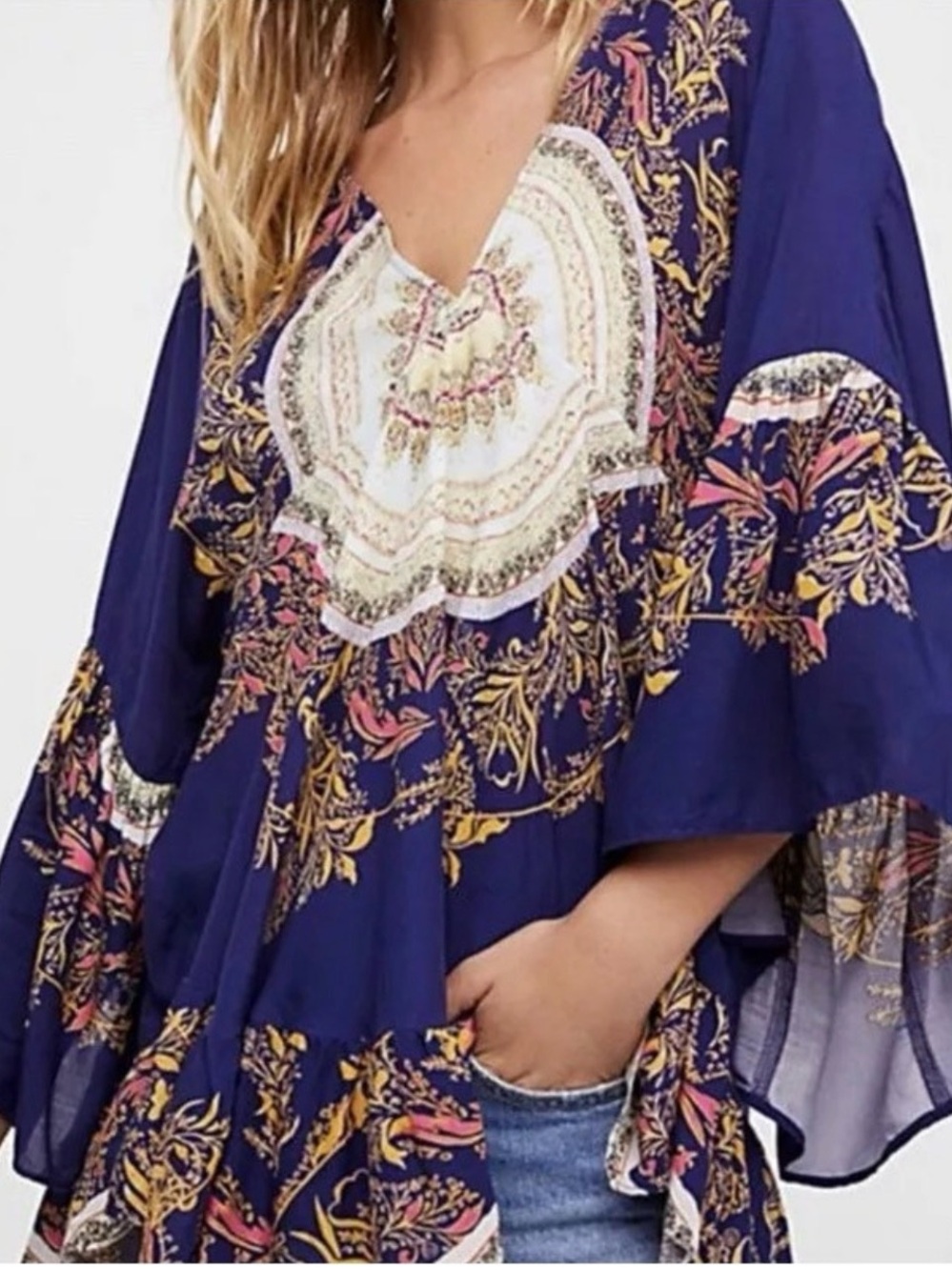 Free People Navy Blue Floral Medallion Tunic - M